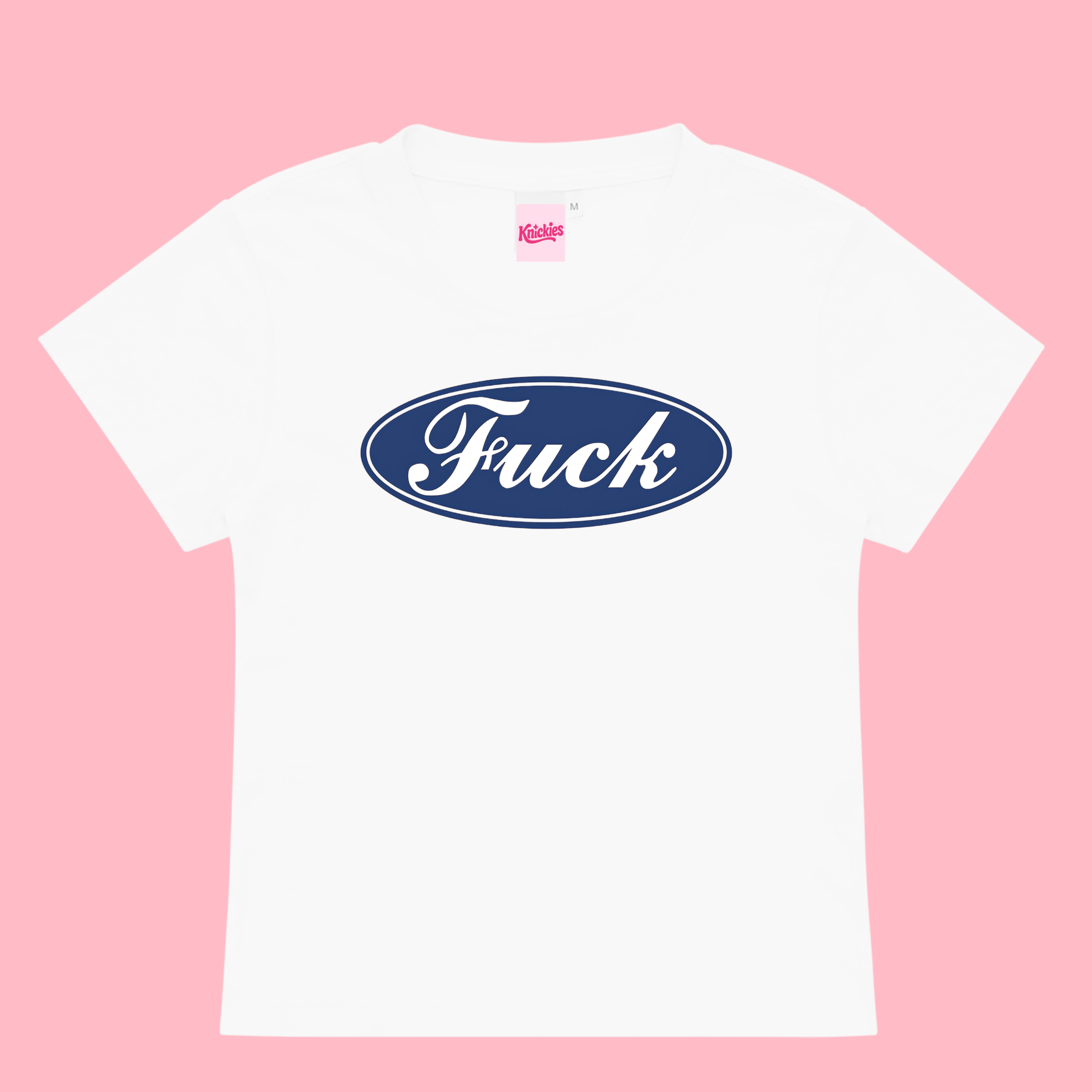White t-shirt with blue 'Ford' logo and 'F*ck' text on a pink background