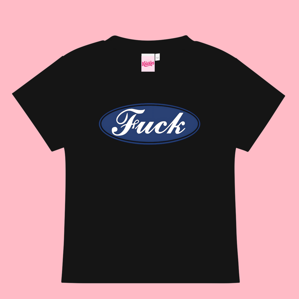 Black t-shirt with blue logo on a pink background