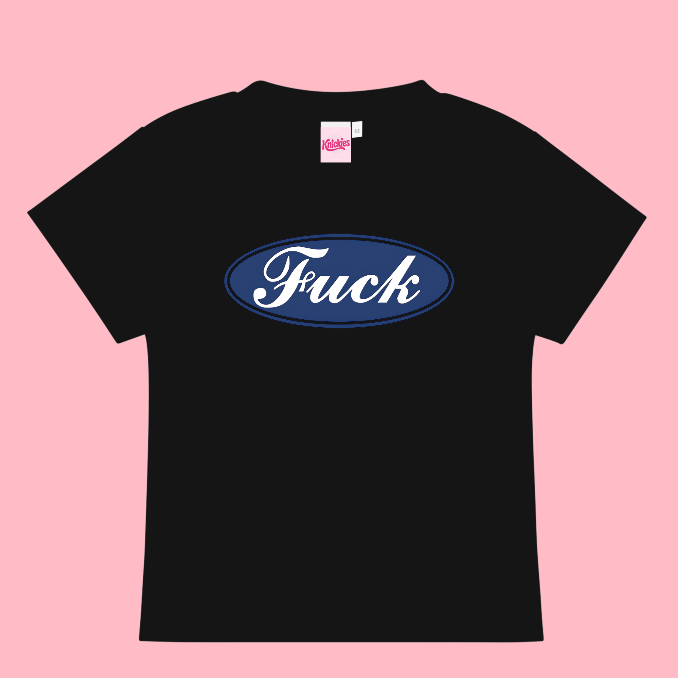 Black t-shirt with blue logo on a pink background