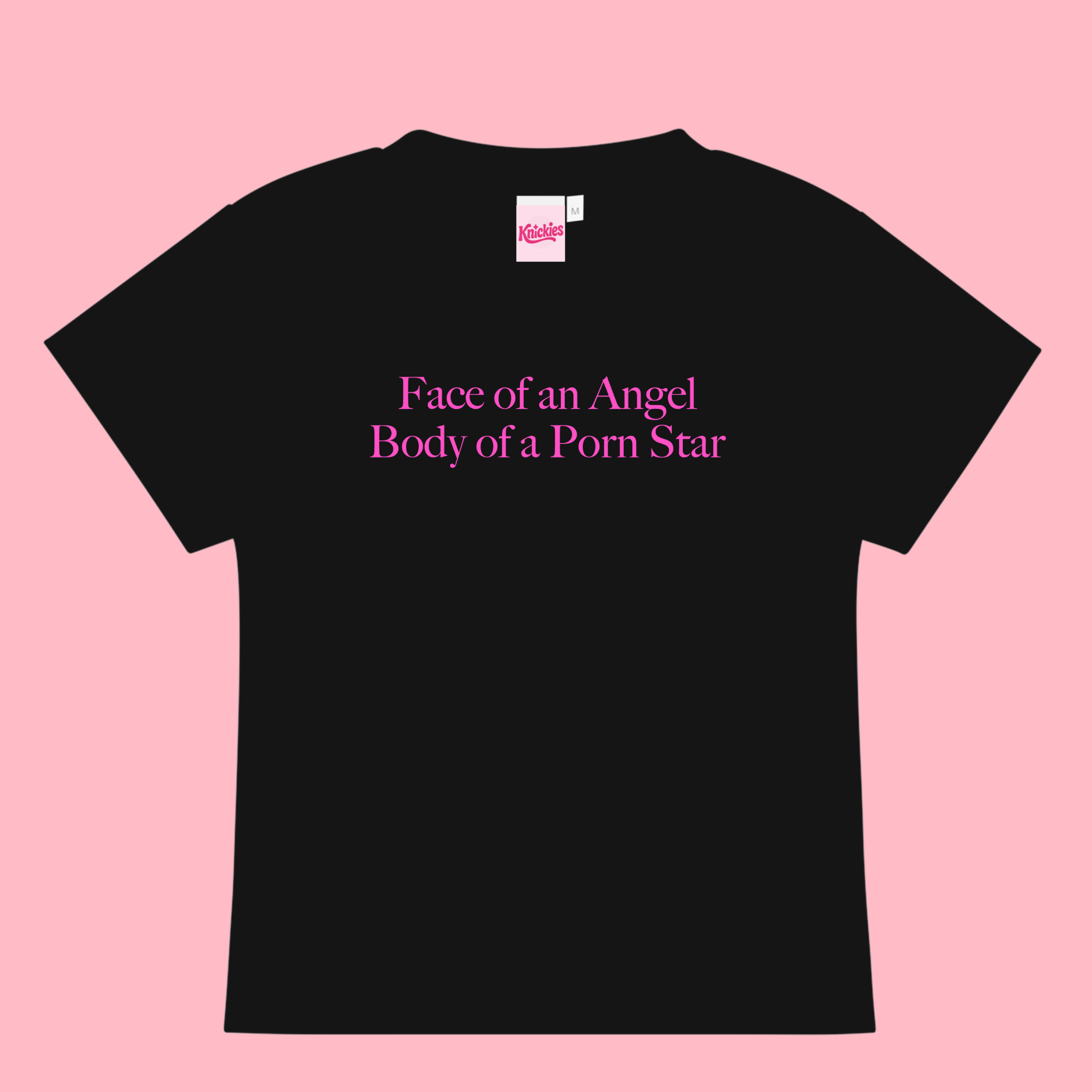 Black t-shirt with pink text on a pink background