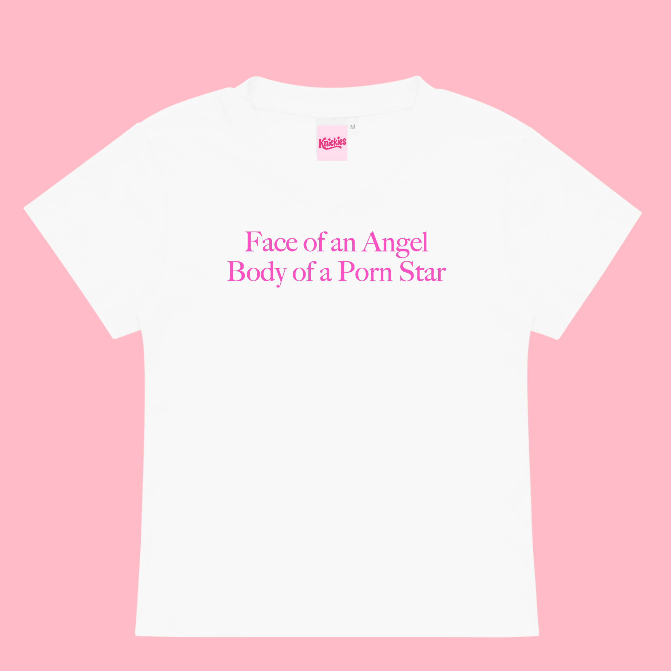 White t-shirt with pink text on a pink background