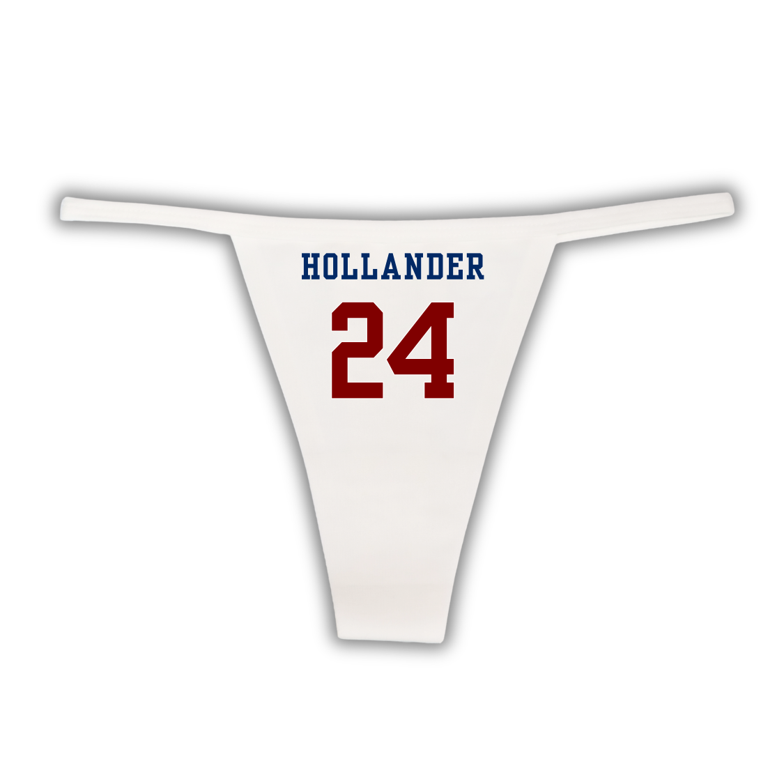 White thong with 'HOLLANDER 24' printed on a white background