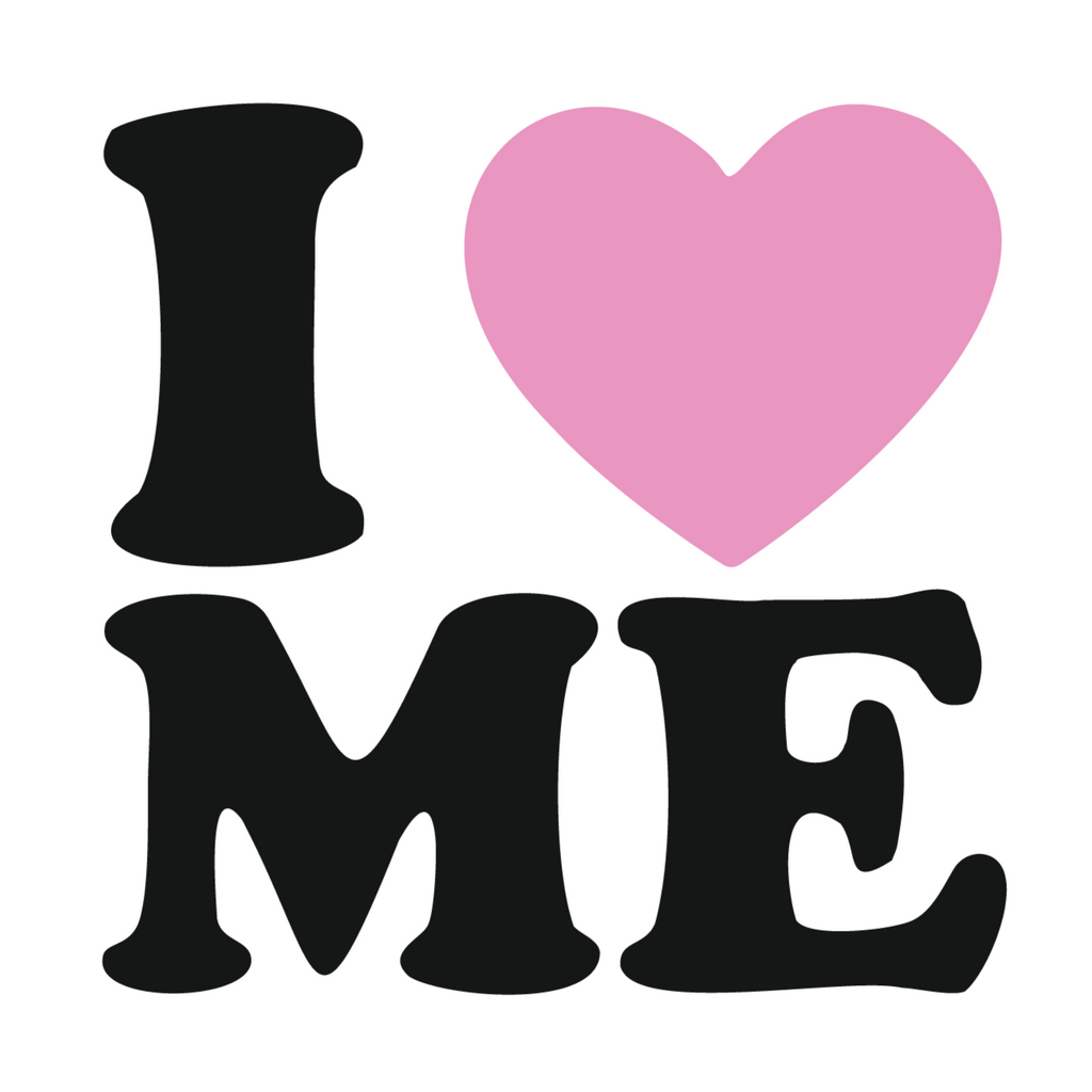 Black letters spelling 'I LOVE ME' with a pink heart on a white background