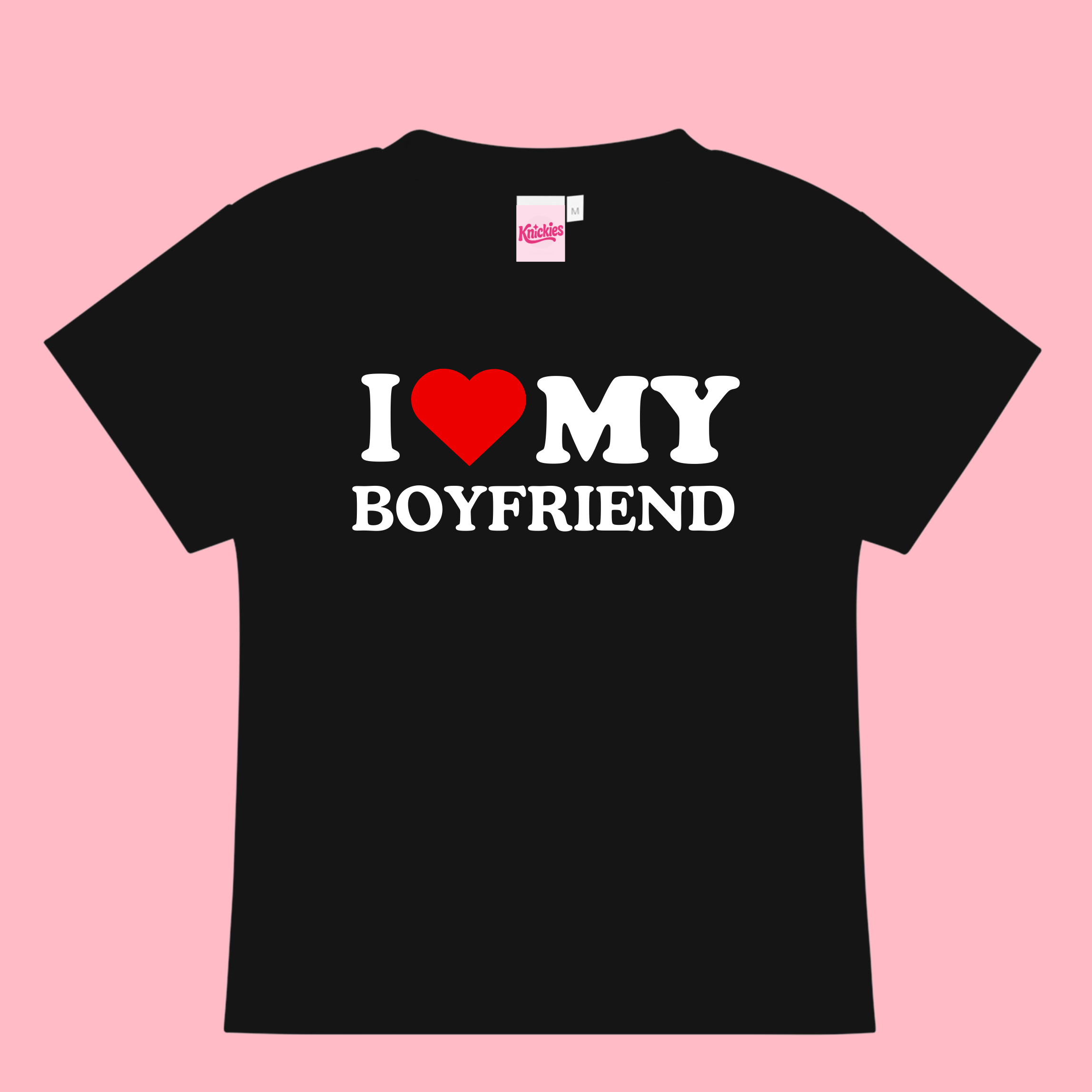 Black t-shirt with 'I ❤️ MY BOYFRIEND' text on a pink background