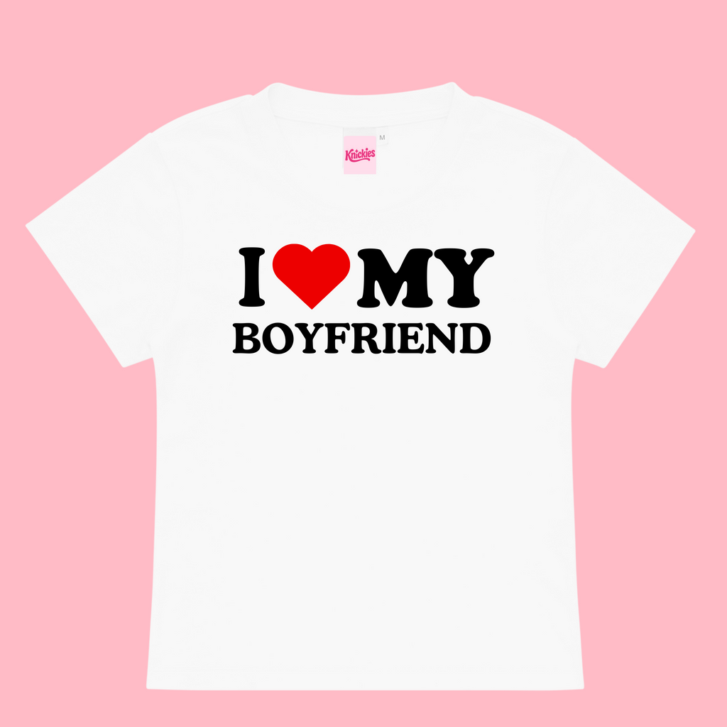 White t-shirt with 'I ❤️ MY BOYFRIEND' text on a pink background