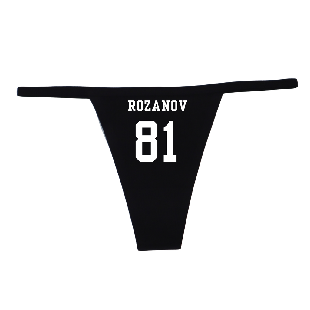 Black thong with 'Rozanov' and number '81' printed on a white background