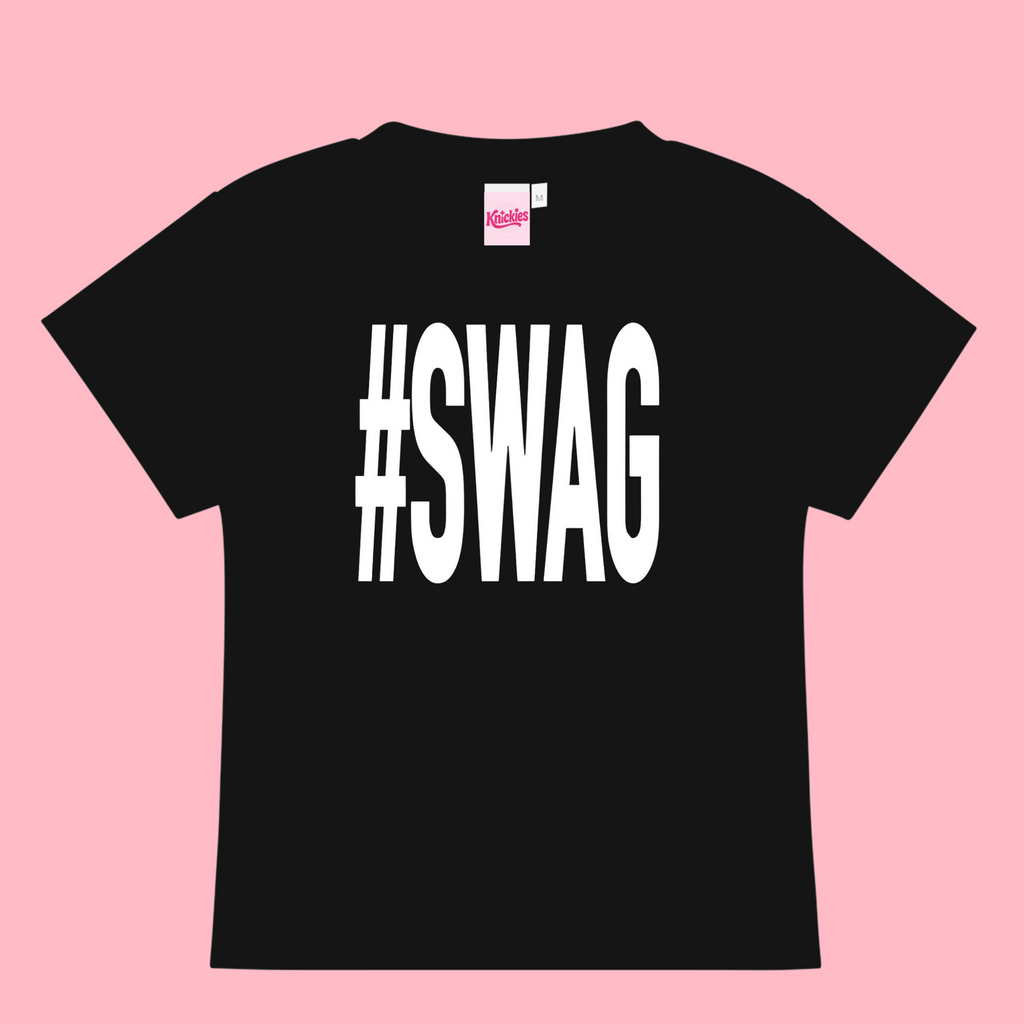 Black t-shirt with '#SWAG' text on a pink background
