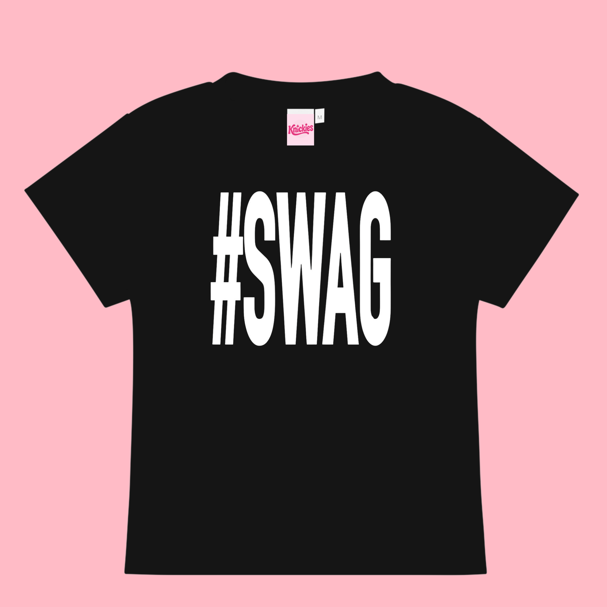 Black t-shirt with '#SWAG' text on a pink background