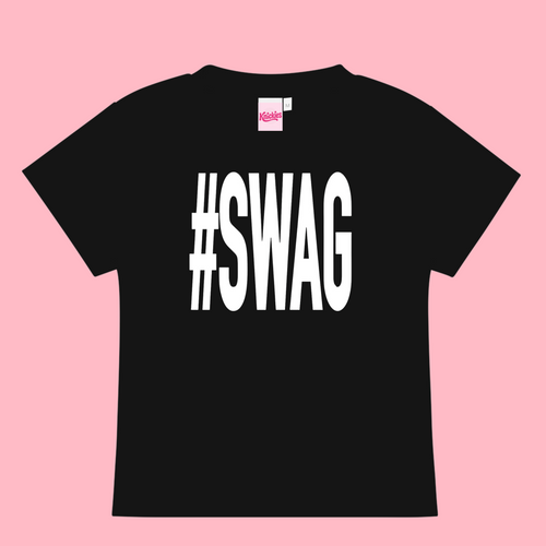 Black t-shirt with '#SWAG' text on a pink background
