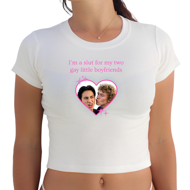 HR "I'm a sl*t for my two gay little boyfriends" Y2K Baby Tee