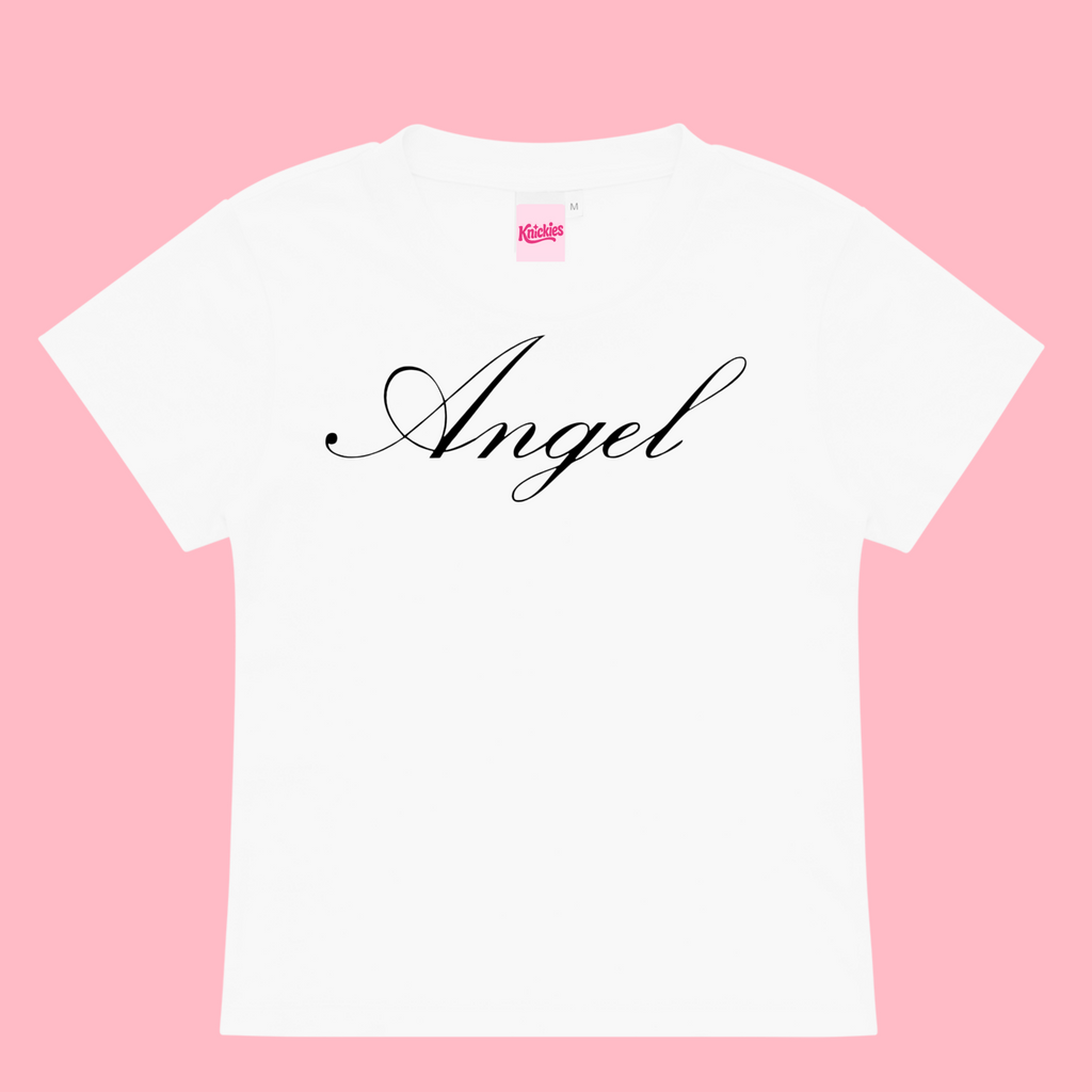White t-shirt with 'Angel' text on a pink background