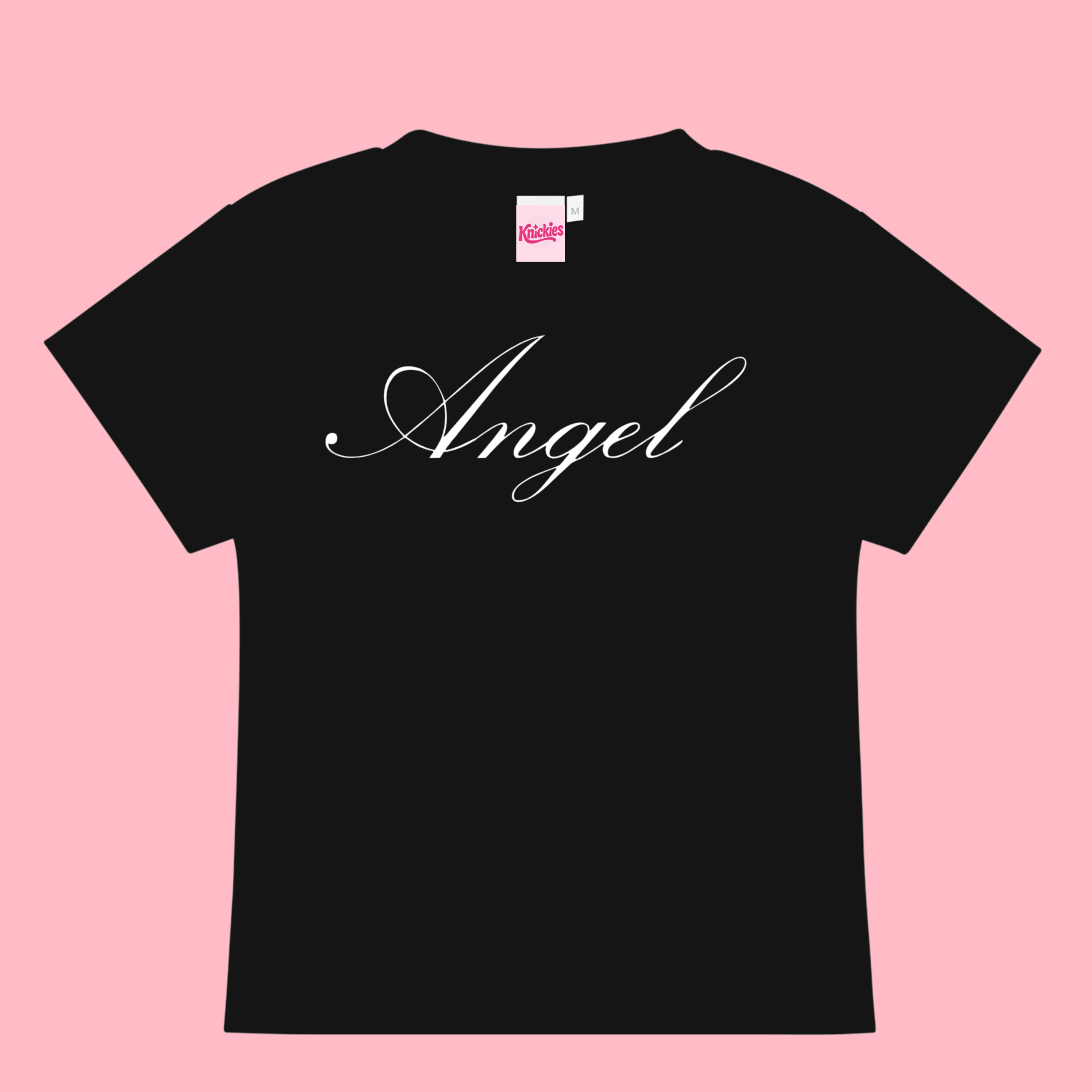 Black t-shirt with 'Angel' printed on it against a pink background