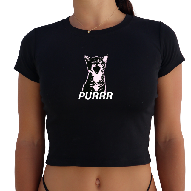 Black crop top with a cat graphic and 'PURRR' text on a white background
