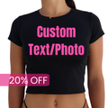 Black t-shirt with pink text 'Custom Text/Photo' and a discount label on a white background