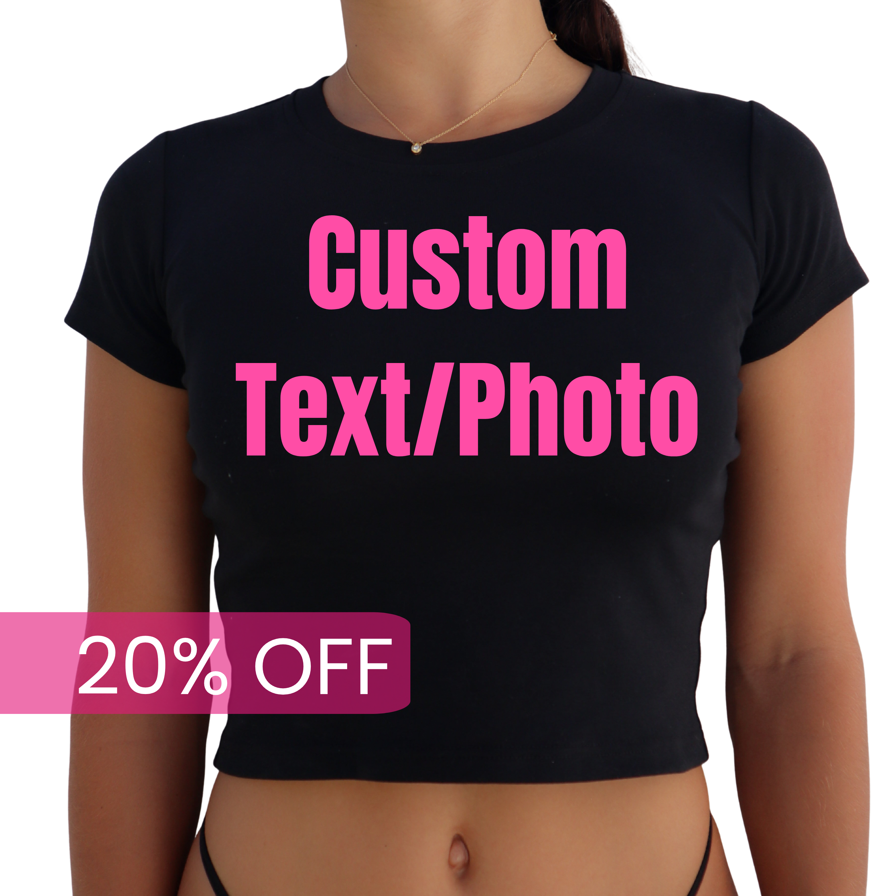 Black t-shirt with pink text 'Custom Text/Photo' and a discount label on a white background