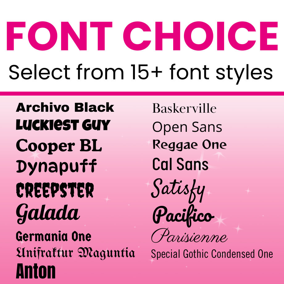 List of 15+ font styles on a pink background with text 'FONT CHOICE'.