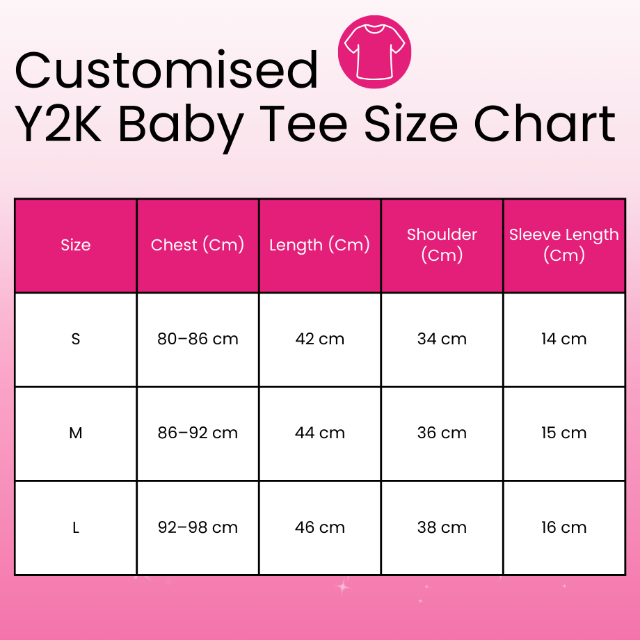 Customised Y2K Baby Tee Size Chart with measurements on a pink background