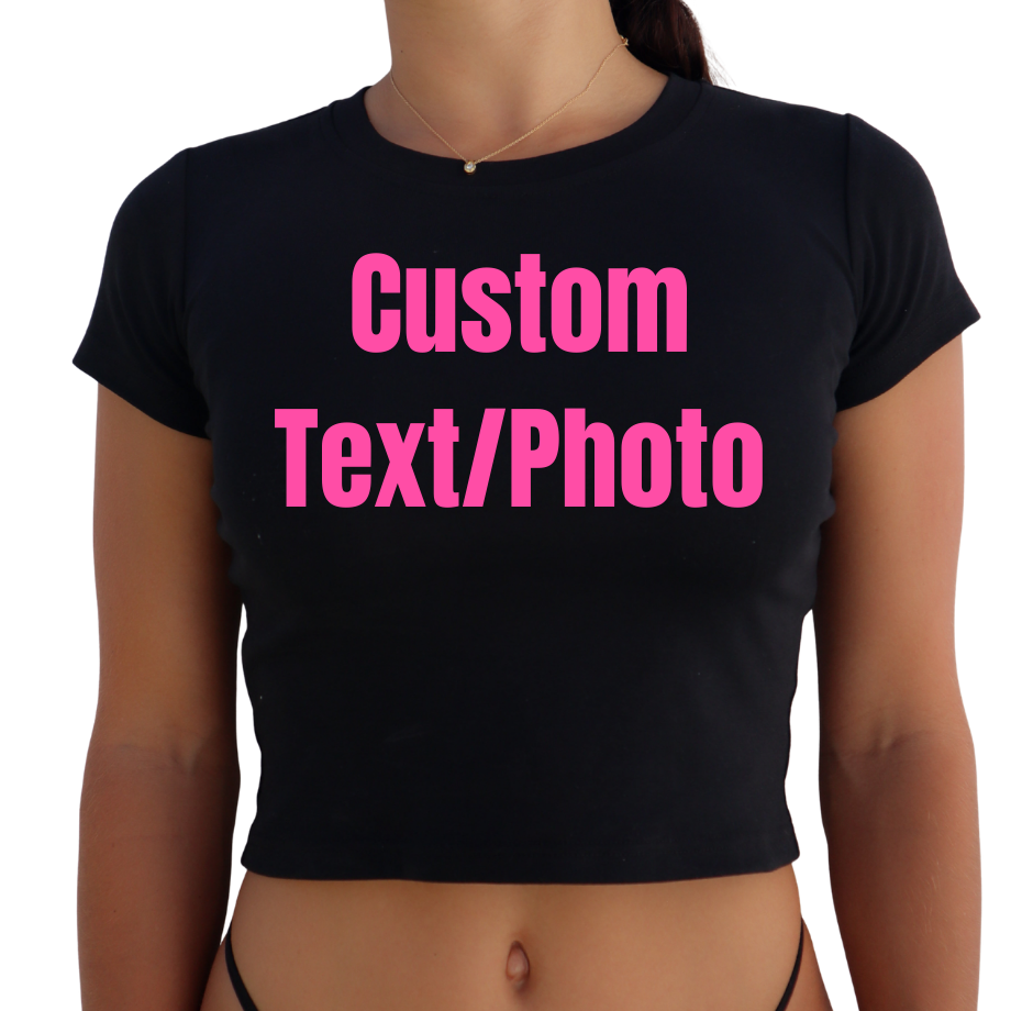 Black crop top with pink text 'Custom Text/Photo' on a white background