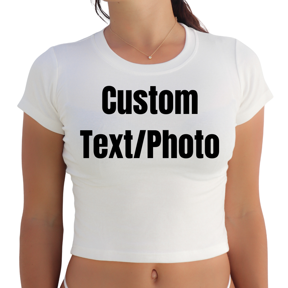 White crop top with 'Custom Text/Photo' text on a white background