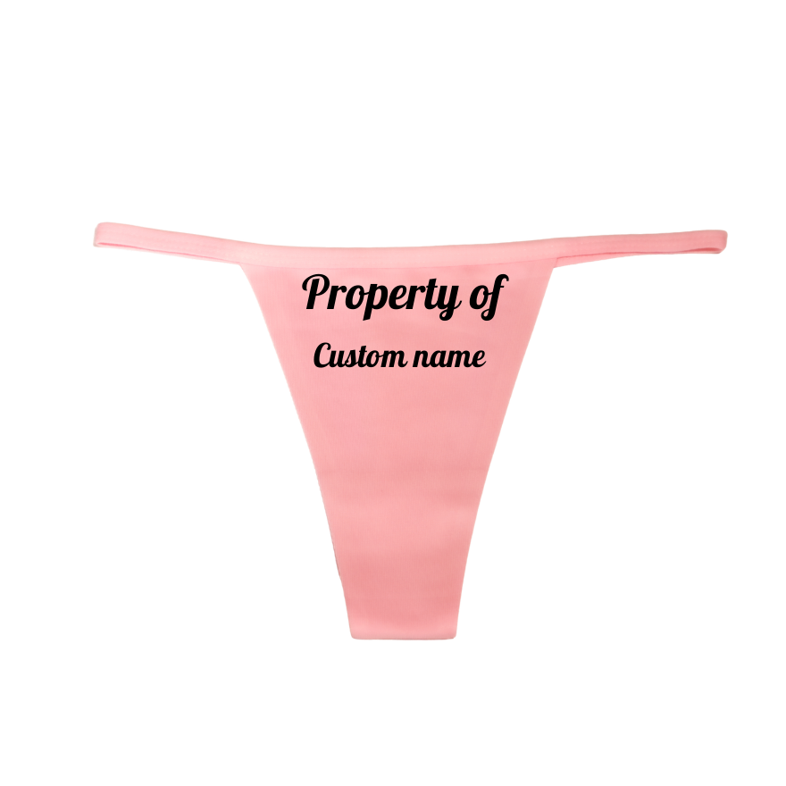 Pink thong with 'Property of Custom Name' text on a white background