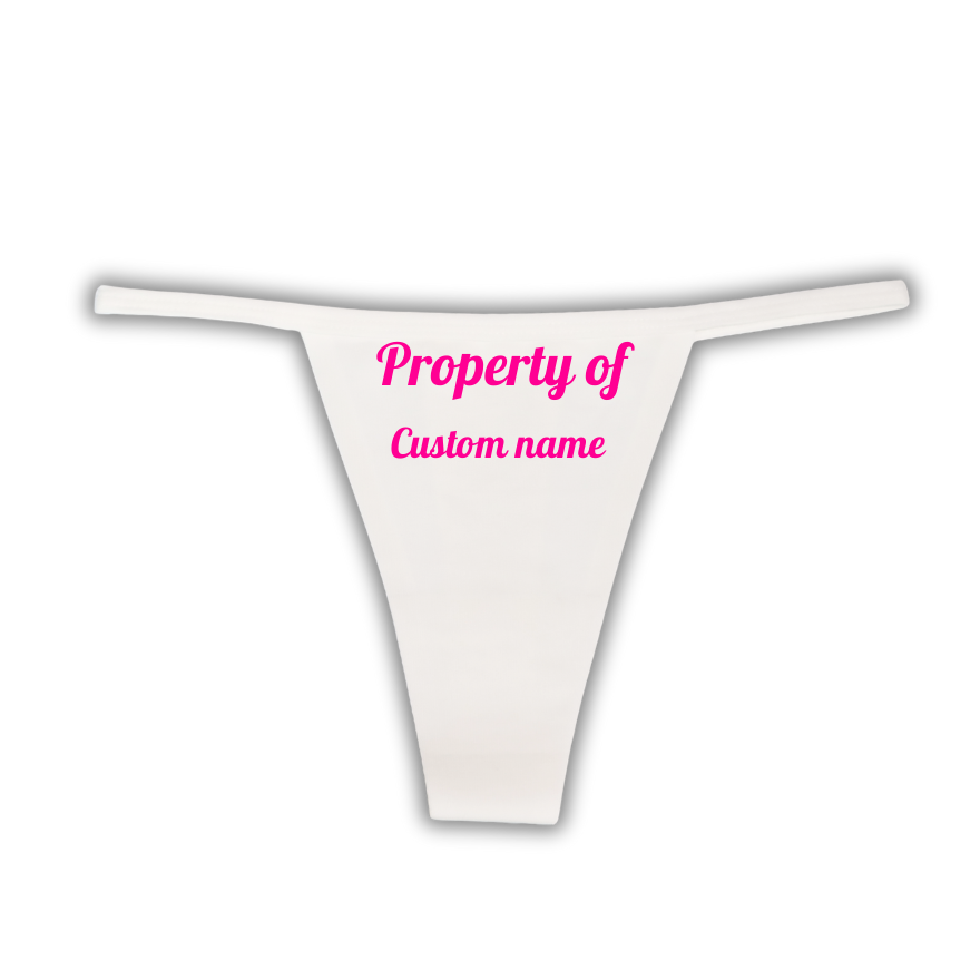 White thong with pink text on a white background