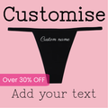 Black thong with 'Custom name' text on a pink background, promotional text for customization and discount.