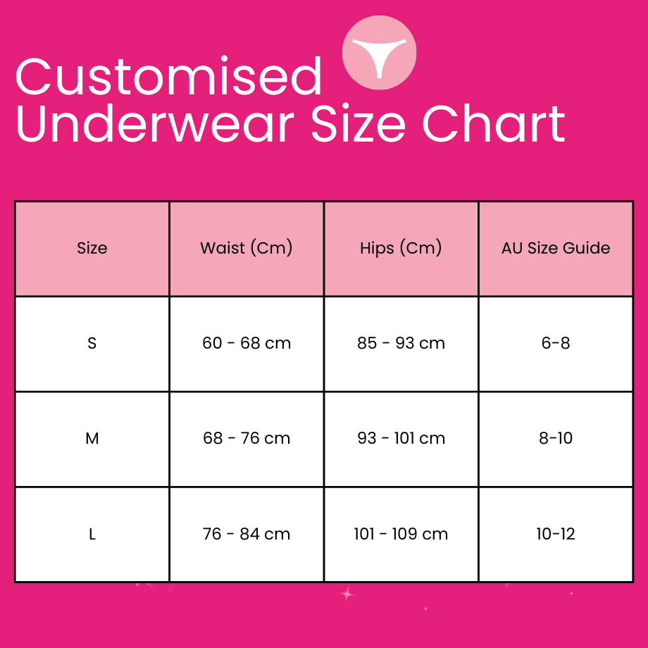 Customised Underwear Size Chart on a pink background