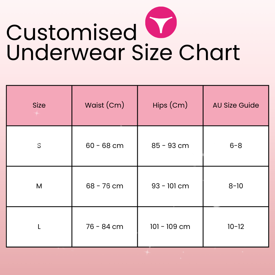 Customised Underwear Size Chart with measurements in centimeters and AU size guide on a pink background.