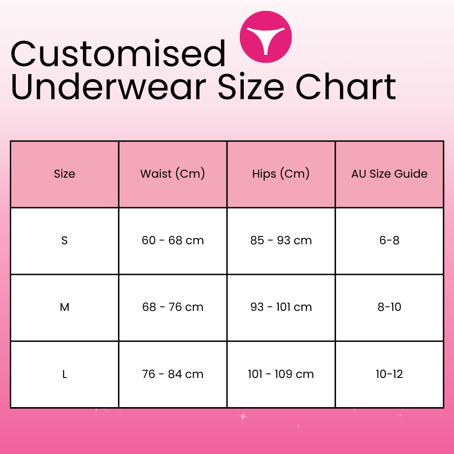 Customised Underwear Size Chart with measurements in centimeters and AU size guide on a pink background.
