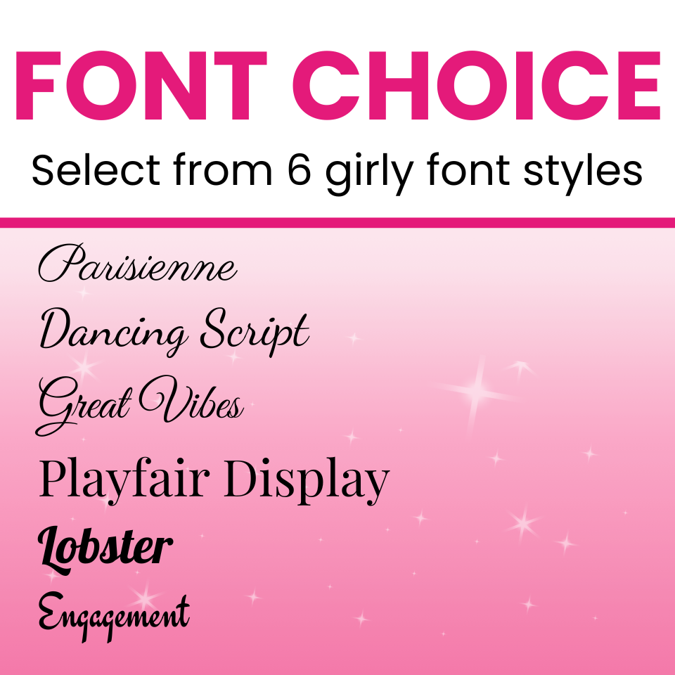 Text selection of girly font styles on a pink background with star decorations.