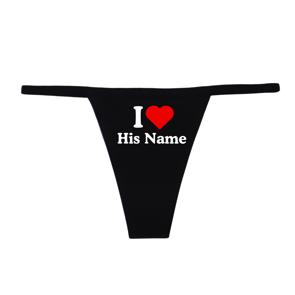 Black thong with 'I ❤️ His Name' text on a white background