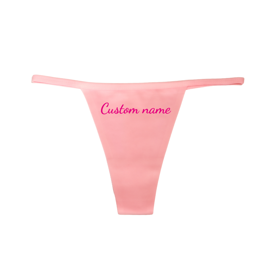 Pink thong with 'Custom name' text on a white background