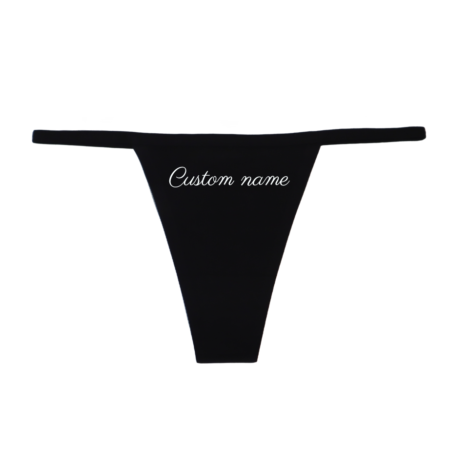 Black thong with 'Custom name' text on a white background