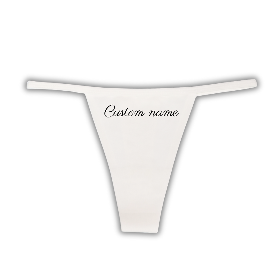 White thong with 'Custom name' text on a white background