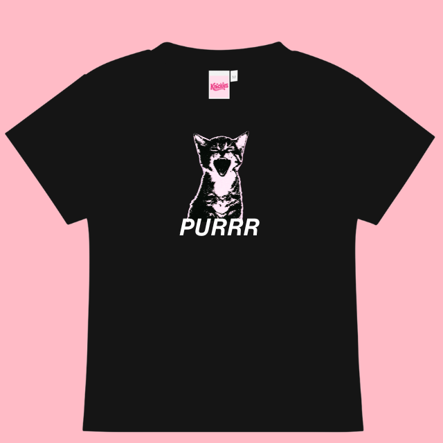 Black t-shirt with a cat graphic and 'PURRR' text on a pink background