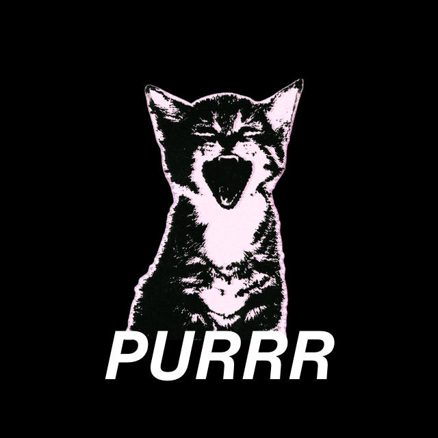 Black and white illustration of a cat with 'PURRR' text on a black background