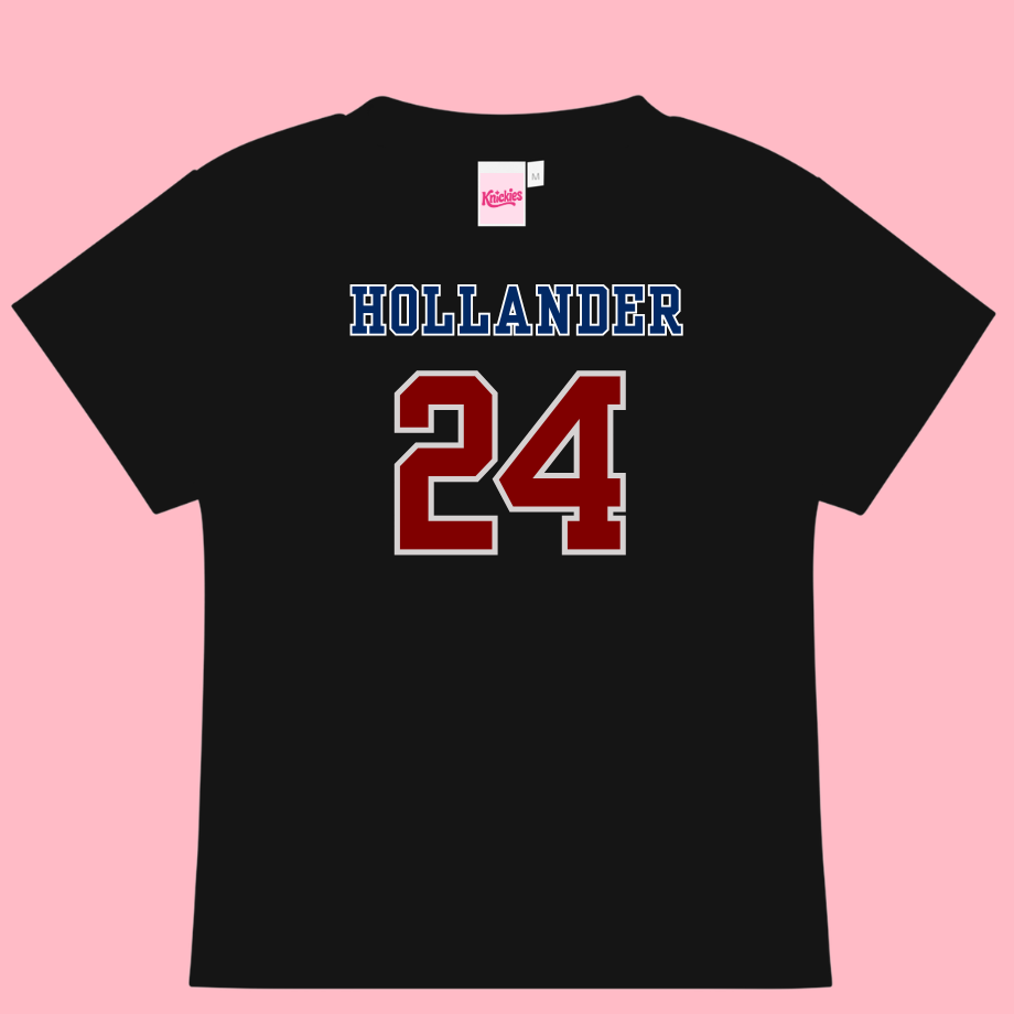 Black t-shirt with 'HOLLANDER 24' printed on the back against a pink background