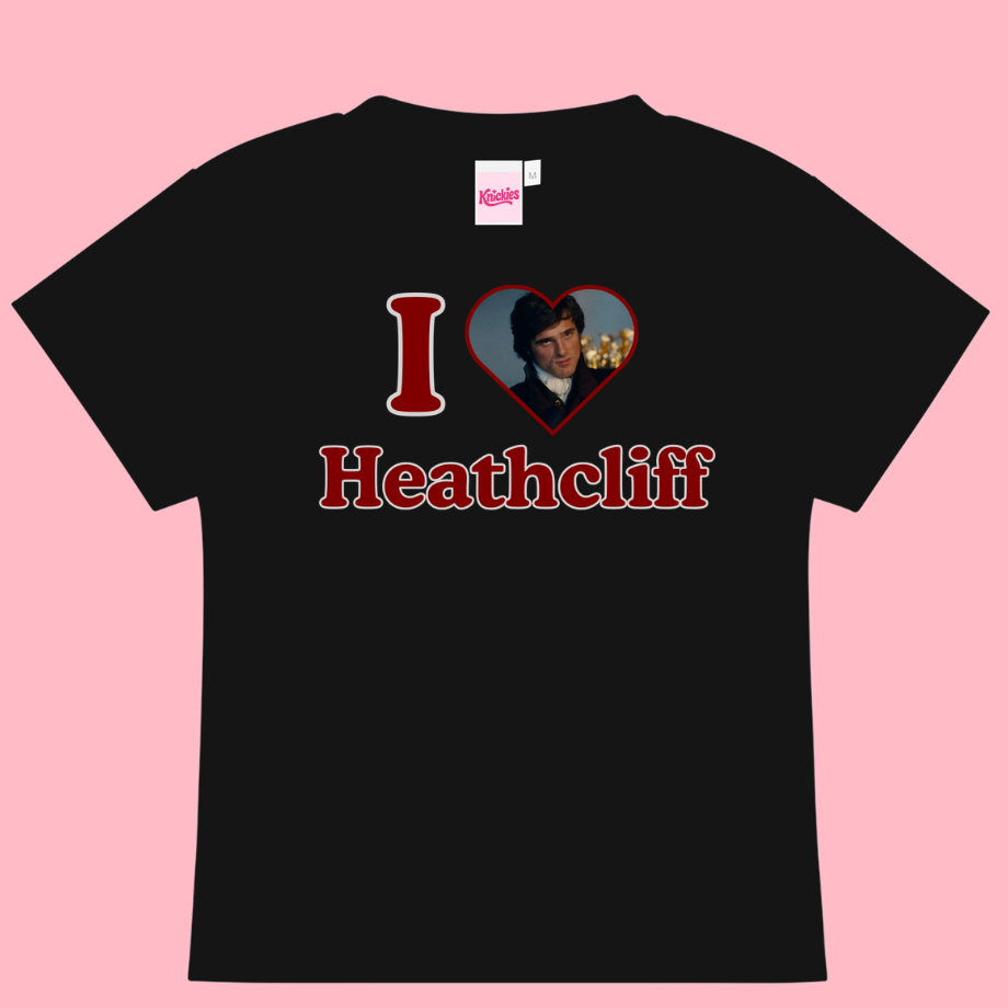 Black t-shirt with 'I ❤️ Heathcliff' design on a pink background