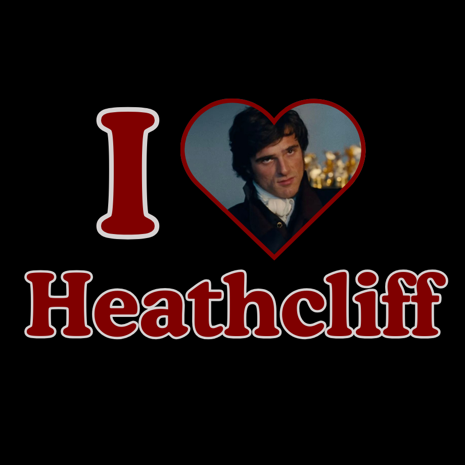 Heart with a person's face inside and 'I ❤️ Heathcliff' text on a black background