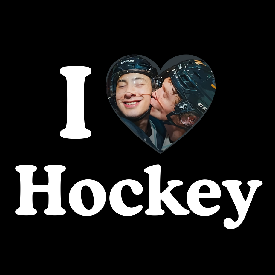 Heart-shaped image of two hockey players kissing with 'I ❤️ Hockey' text on a black background