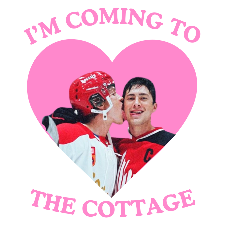 Two hockey players with a heart and text 'I'm coming to The Cottage' on a pink background