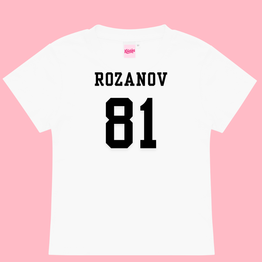 White t-shirt with 'ROZANOV 81' printed on a pink background