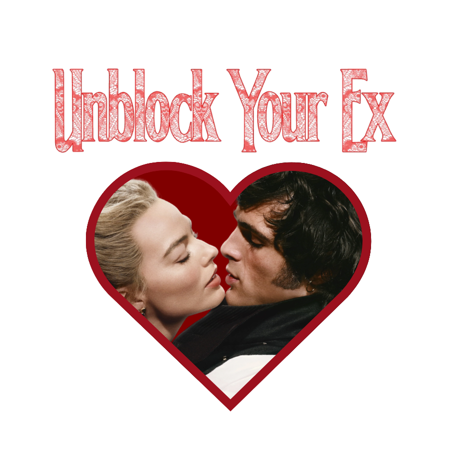 Two people with a heart-shaped frame and 'Unblock Your Ex' text on a white background